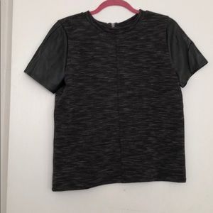 Black Tee with leather sleeve detail